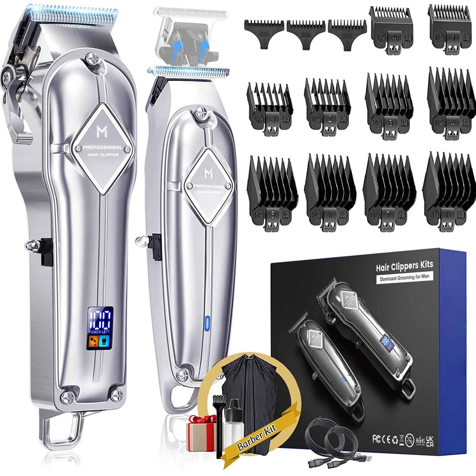 Limural PRO Professional Hair Clippers and Trimmer Kit for Men - Cordless Barber Clipper + T Blade Outliner, Complete Hair Cutting Kits with 13 Premium Guards, LED Display, Taper Lever & 5 Hrs Runtime Polished Silver
