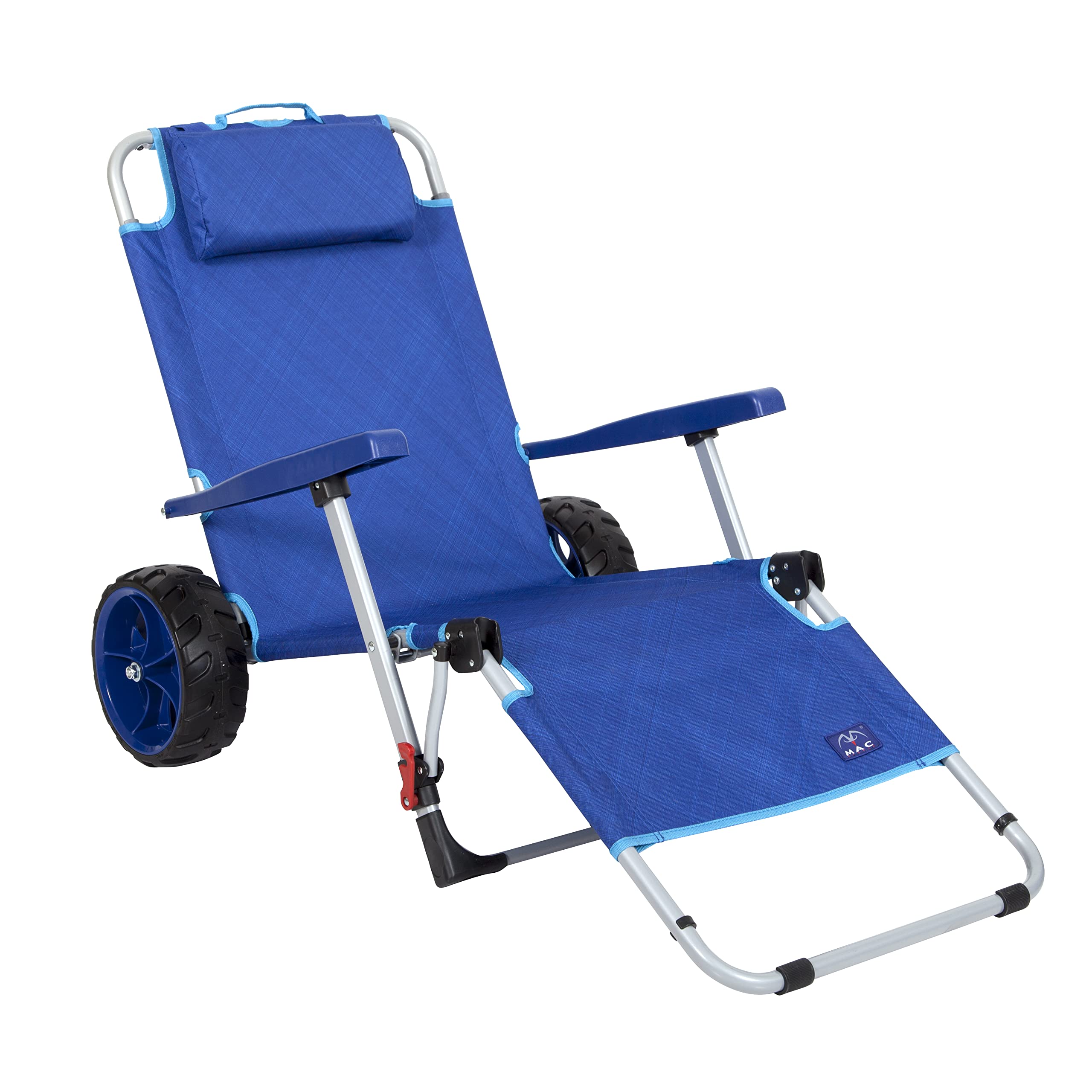 Mac Sports Beach Day Foldable Chaise Lounge Chair with Integrated Wagon Pull Cart Combination and Heavy Wheels - Perfect for Beach, Backyard, Pool or Picnic Blue