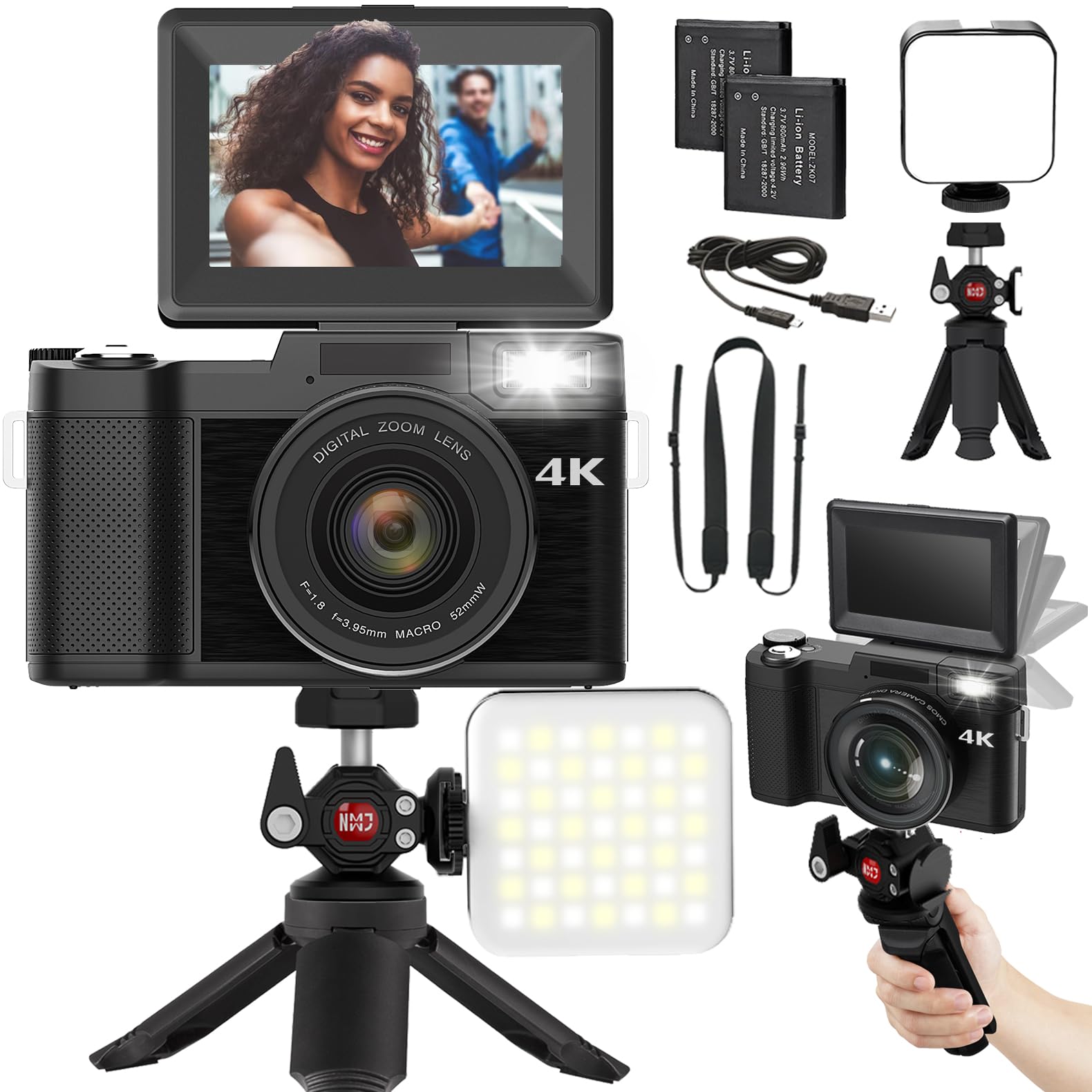Digital Camera 4K 48MP Camera for Photography with Flip Screen Autofocus Vlogging Camera for YouTube with Selfie Light, Mini Tripod Accessories, Two Batteries