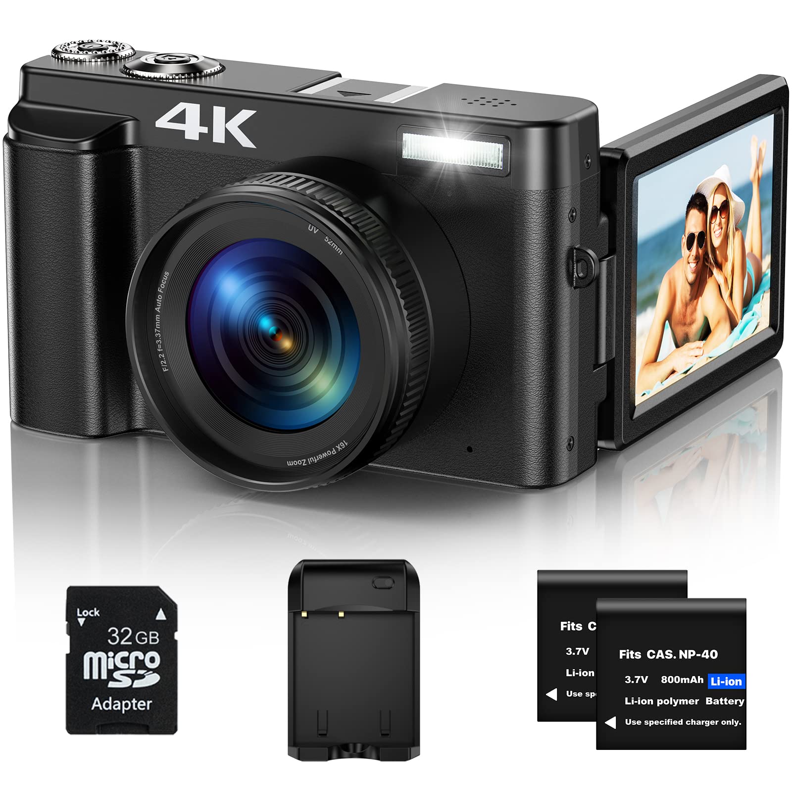 4K Digital Camera for Photography, Autofocus 48MP Vlogging Camera for YouTube with 3” 180 Degree Flip Screen, Compact Video Camera with 16X Digital Zoom, 32G SD Card, 2 Batteries & Battery Charger Black